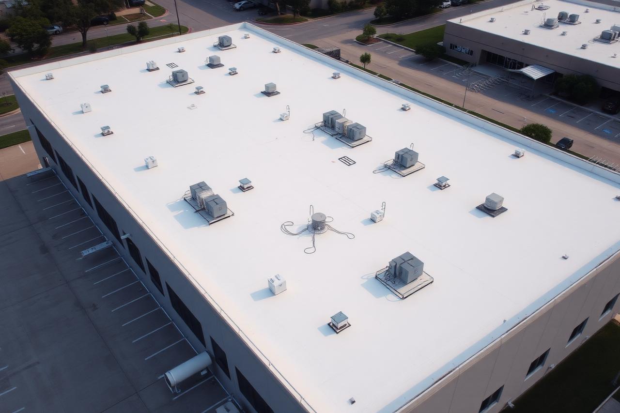 Aerial view of a commercial building with a white TPO flat roof in Texas
