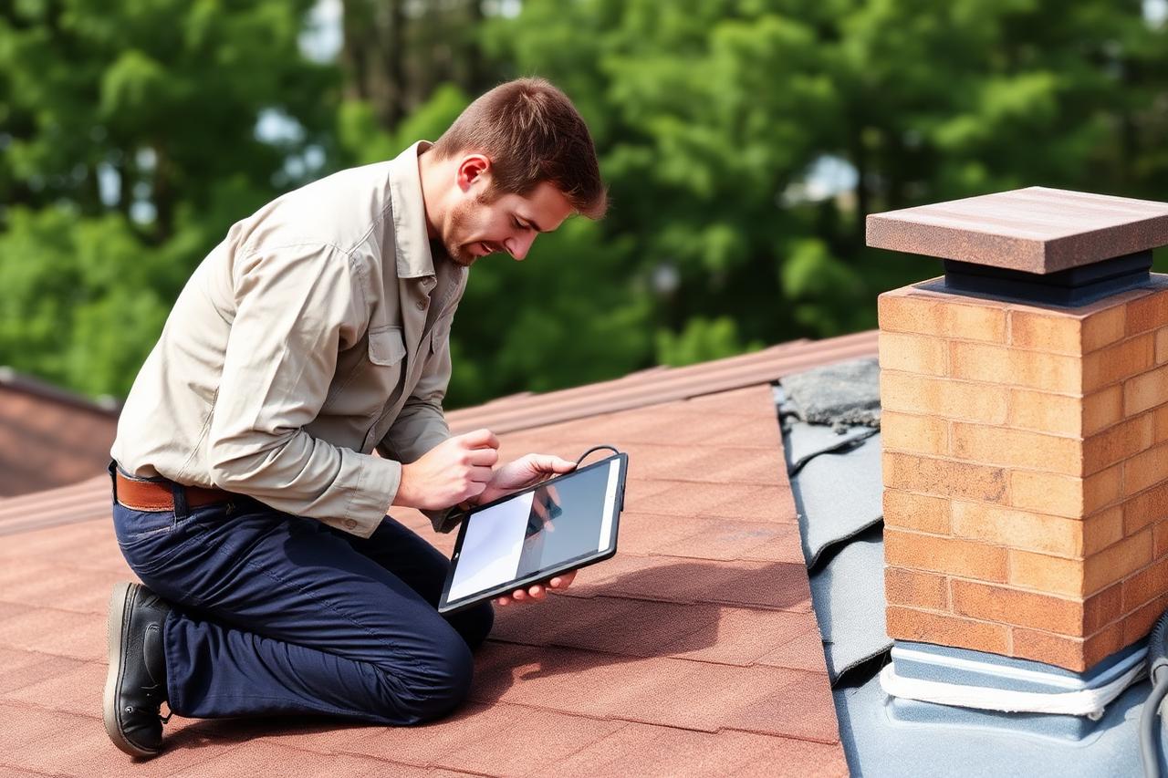 Roof inspector documenting chimney flashing condition with a tablet