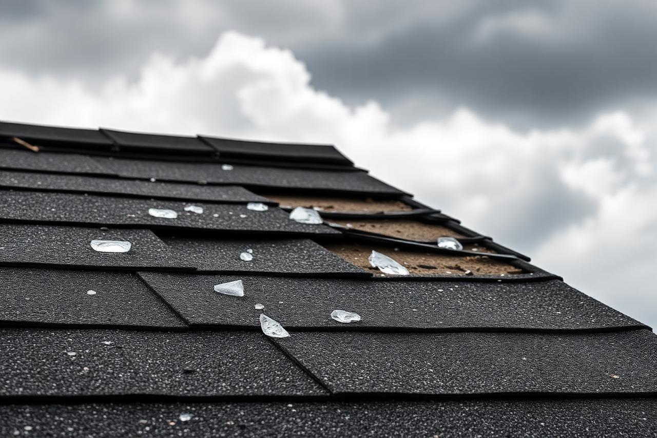 Close-up of hail damaged asphalt shingles with granule loss